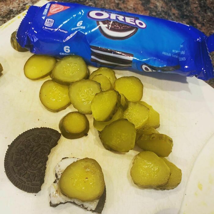 This Is What We Tried Today. Sticking With Pickles And Peanut Butter Over Oreos