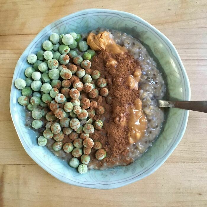 Me And My Weird Oatmeal Combos. Today’s Concoction Was Peanut Butter, Chia Seeds, Raisins, Cinnamon, Protein Powder & Frozen Sweet Peas
