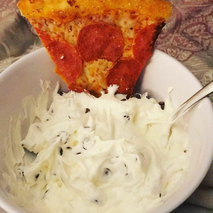 I Swear I’m Not Pregnant. Pizza And Extra Creamy Cool Whip With Chocolate Chips