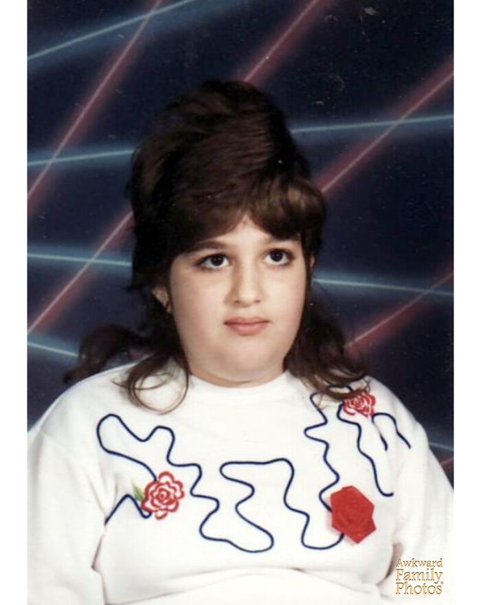 This Is A School Photo Of My Older Sister From 1988. The Monstrosity Upon Her Head Is Reflected In Her Expression. The Lasers In The Background And Applique-Roses Sweatshirt Only Add To The Epic-Ness