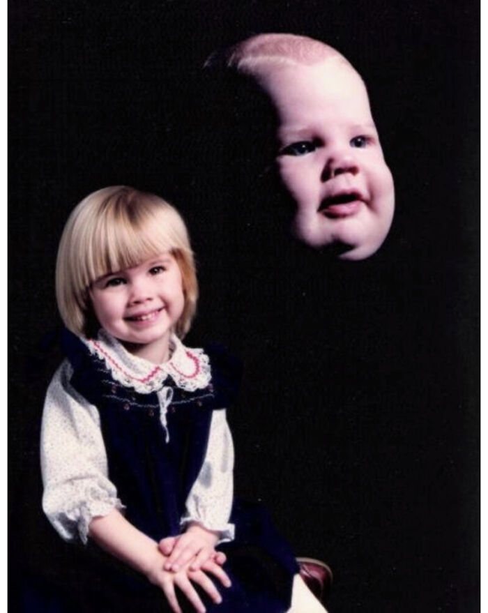 This Is Of My Older Sister, Perfect In All Pictures, And Older Brother’s Gigantically Chubby Head. The Photographer Thought This Was The Best Picture Of The Whole Shoot. My Mom Thought It Was Hilarious And Horrifying, So Of Course She Bought It