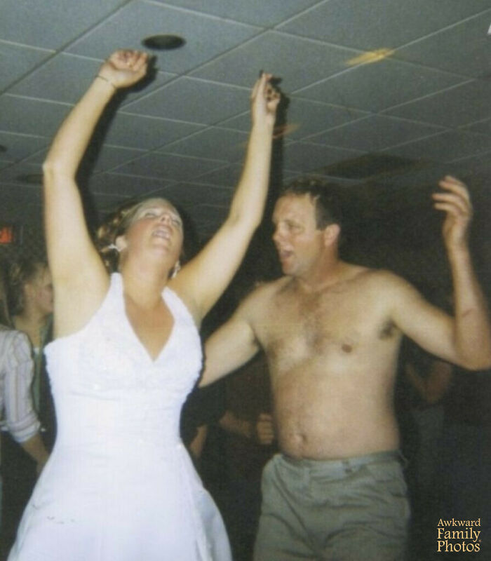 My Wedding: August Of 2004. In What Has Become Known As A “Family” Thing, Men From His Side Shed Clothes As The Night Goes On. This Is Me And My Husband’s Uncle About Halfway Through Our Reception At A Local Restaurant/Bar