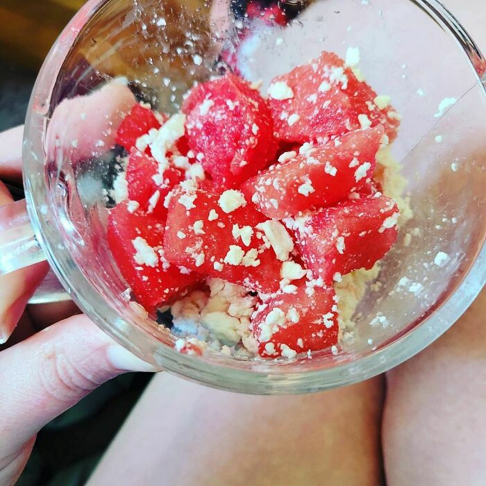 This Has Got To Be My New Favorite Treat. Watermelon And Feta! This Is My 1st Time Having It And I Think I'm Going To Have It Everyday Now