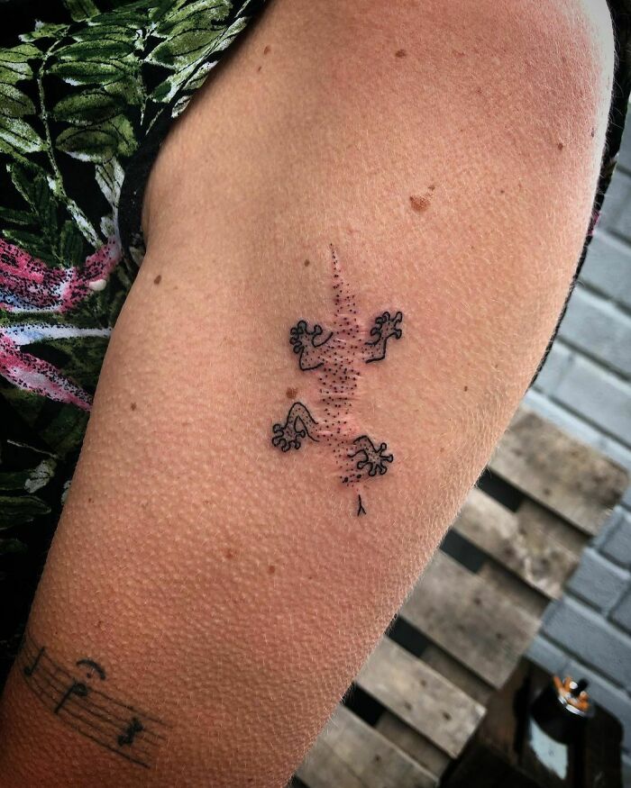 Tattoo of a lizard covers a scar on an arm, showing a creative scar cover-up transformation.