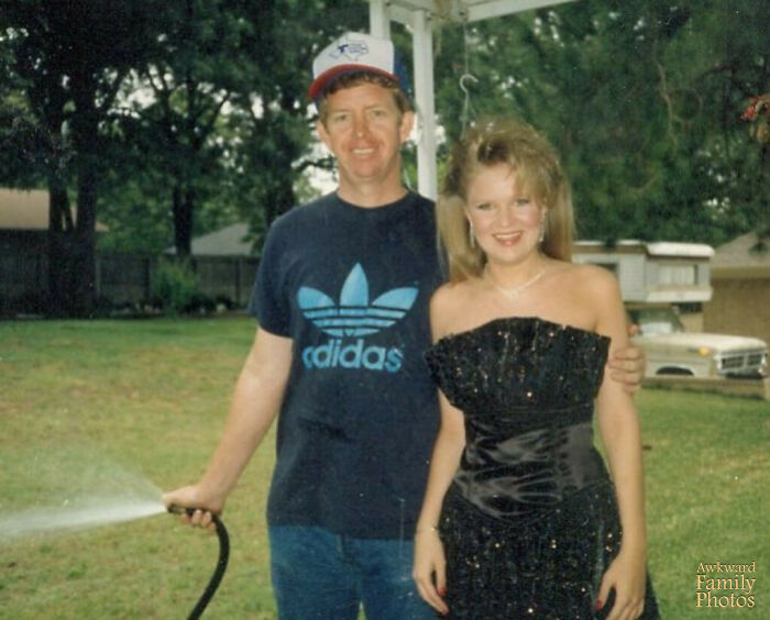 My Dad Had A Medical Procedure The Day Of My Prom And Was Out Of His Mind On Pain Killers When My Mom Insisted That I Pose With Him Before Prom. I Like To Think He Would’ve Put Down The Hose For The Pic If He’d Been In His Right Mind, But In All Honesty It Could’ve Gone Either Way. He Has No Memory Of Taking This Photo