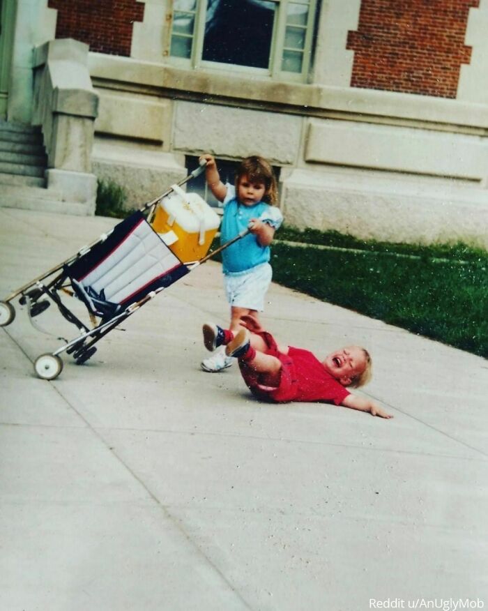 My Sister Dumping Me Out Of My Stroller In 1994. This Perfectly Sums Up Our Relationship As Children