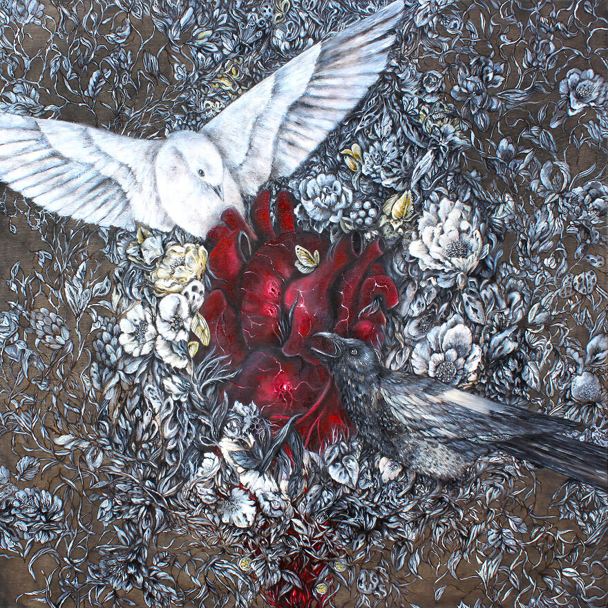 I Wood Burned Intricate Panel With Anatomical Heart And Birds