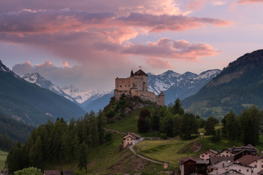 Tarasp Castle In Graubünden. Including A Cotton Candy Sky