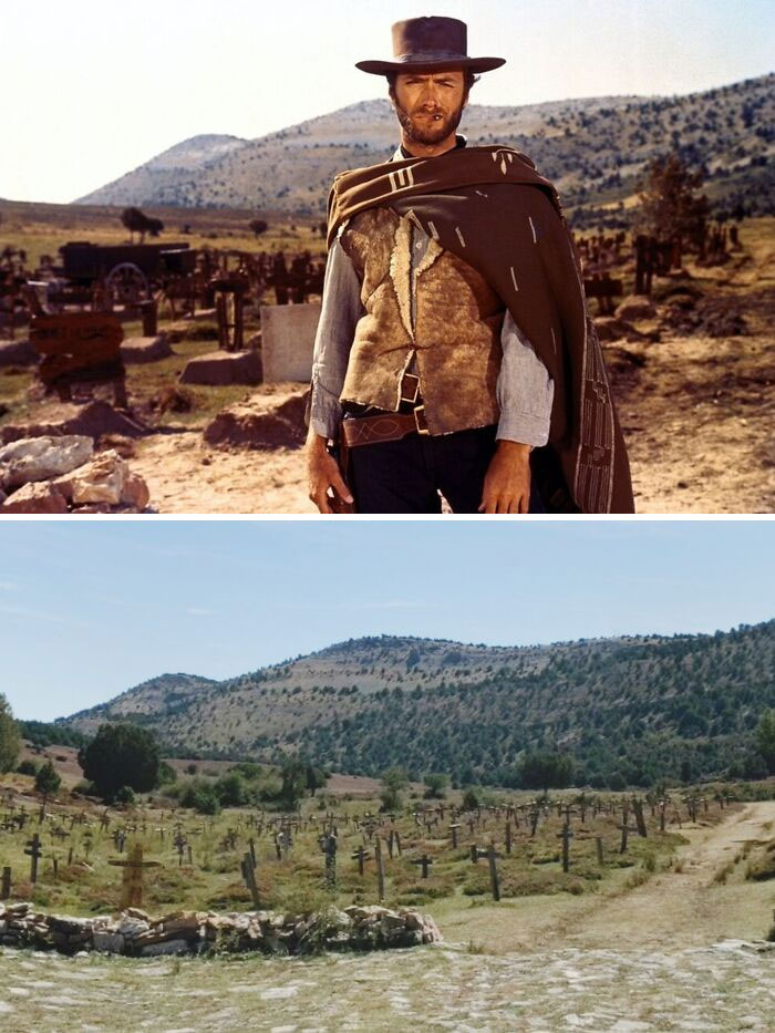 Clint Eastwood As 'The Man With No Name' At Sad Hill Cemetary In Burgos, Spain While Filming The Good, The Bad And The Ugly. 1966 vs. 2020