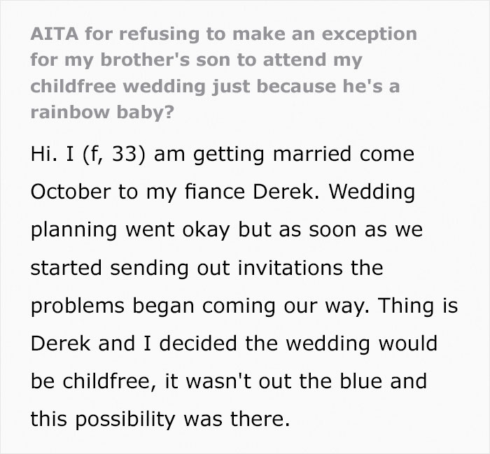 Bride’s Parents Refuse To Attend Her Child-Free Wedding Because She Wouldn’t Make An Exception For Her “Rainbow Baby” Nephew Bride’s Parents Refuse To Attend Her Child-Free Wedding Because She Wouldn’t Make An Exception For Her “Rainbow Baby” Nephew