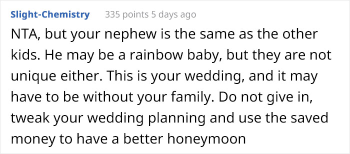 Bride’s Parents Refuse To Attend Her Child-Free Wedding Because She Wouldn’t Make An Exception For Her “Rainbow Baby” Nephew