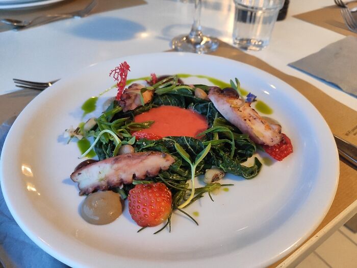 Green Salad With Grilled Octopus, Beans And Strawberry Sauce. By The Greek Chef Berberakis.