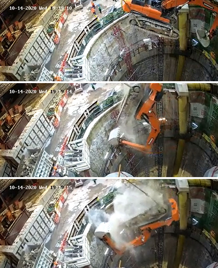 Excavator Being Lifted Into Tunnel Shaft In Hong Kong Falls. 10/14/2020