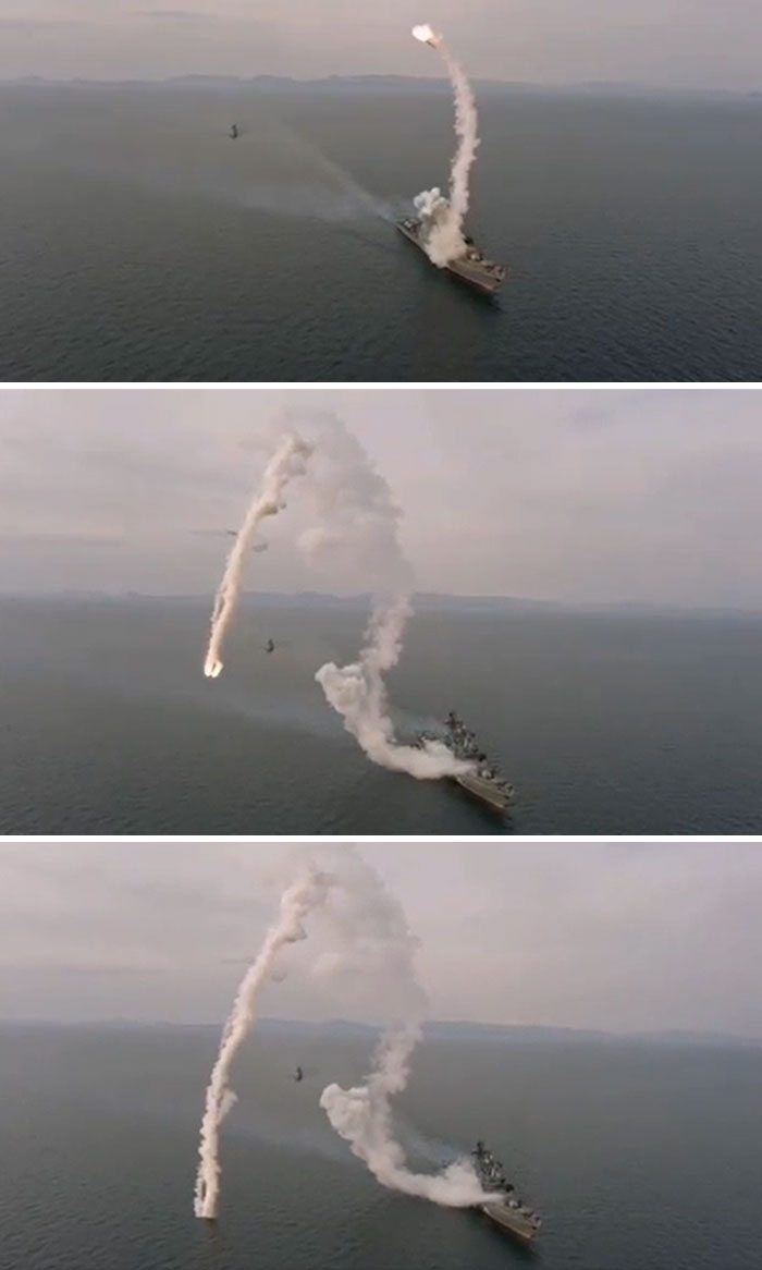 A Kalibr Cruise Missile Fired By Russian Destroyer Marshal Shaposhnikov Malfunctions Mid Launch And Crashes Into The Sea (April 2021)