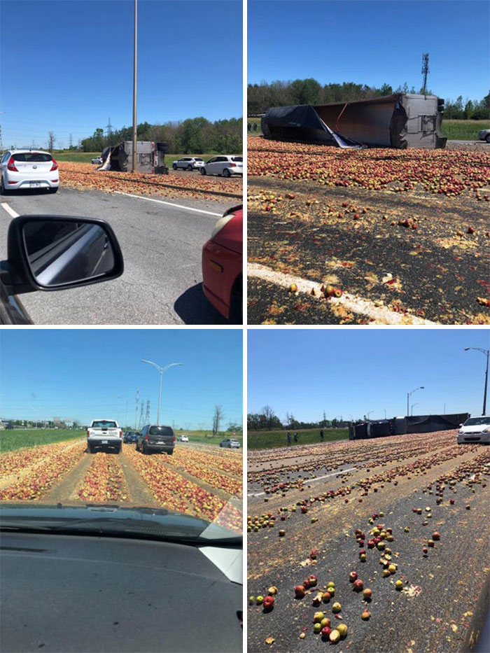 July 8, 2019. A Truckload Of Apples Is Now Evenly Distributed On The Pavement