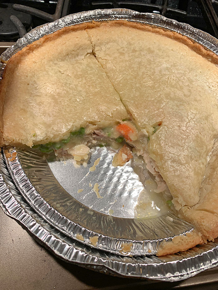 Bought A Chicken Pot Pie Thinking It Was The Size Of The Outer Tin Before Cutting Into It And Seeing This Monstrosity