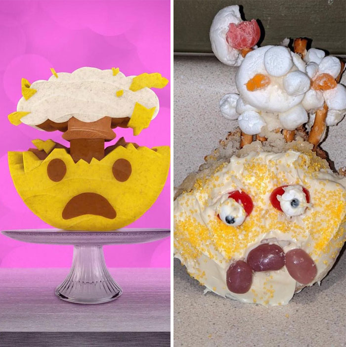 Two funny cake fails with distorted faces and amusing decorations.