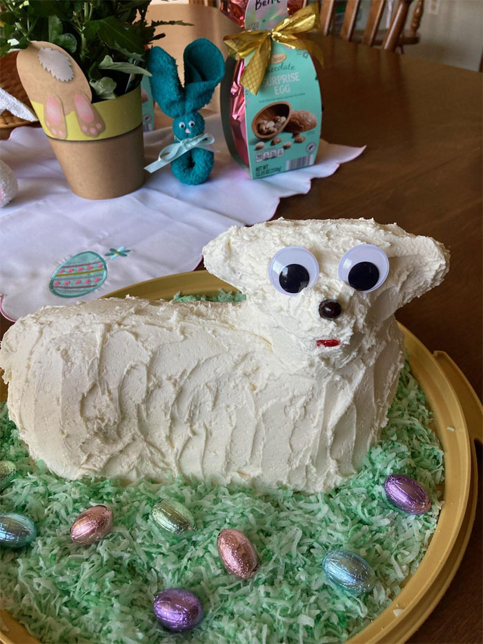 I Usually Decorate The Lamb Cake For Easter, But My Mother In Law Had To Do It Herself This Year. This Is The Result