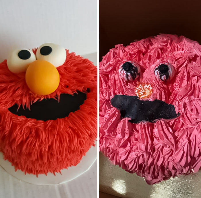 We Ordered The Cake On The Left And Received The Cake On The Right. Elmo Has Seen Better Days