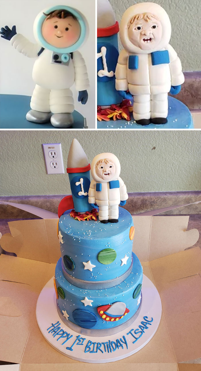 Mi hijo cumplió ayer un año. Este fue el adorno de su pastel con temática espacial. A la izquierda es lo que pedimos, a la derecha es lo que recibimos