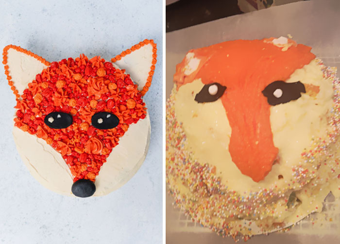 Intenté hacer una tarta de zorro para el cumpleaños de mi pareja y en su lugar se creó este monstruo (añadí bolitas de azúcar de colores para suavizar el golpe)