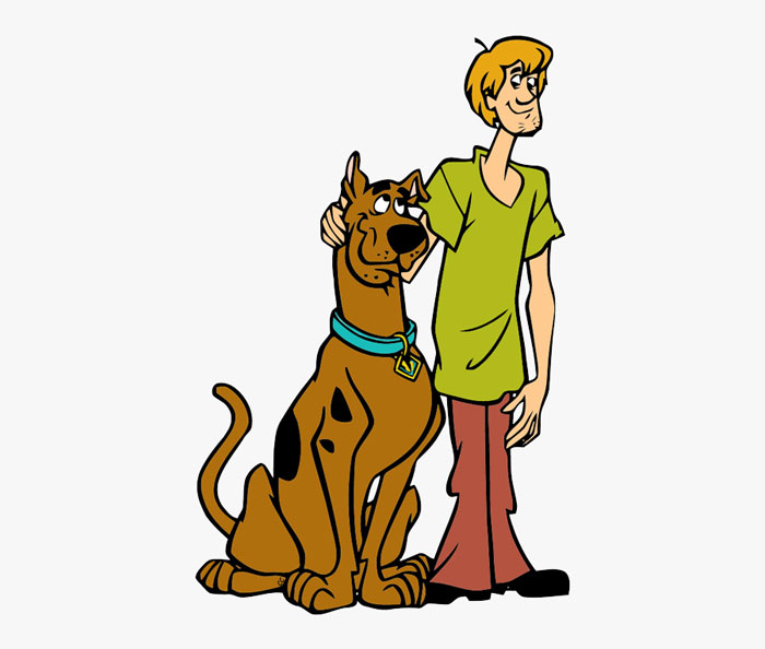 Scooby Doo and Shaggy hugging each other from the back 