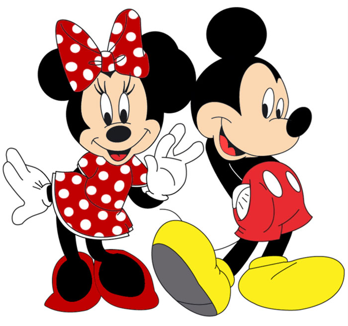 Mickey Mouse and Minnie Mouse standing next to each other 