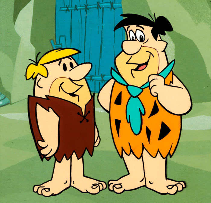 Fred Flintstone and Barney Rubble standing next to each other