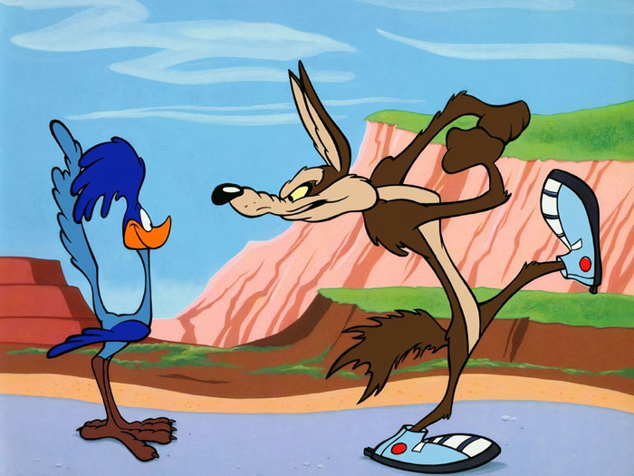 Wile E. Coyote and The Road Runner looking at each other 