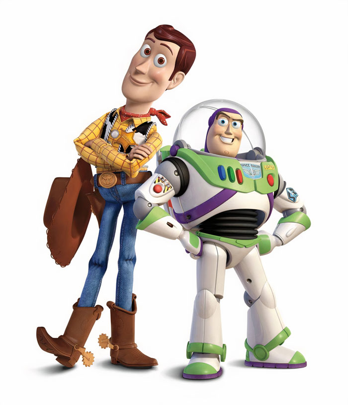 Woody and Buzz Lightyear standing next to each other