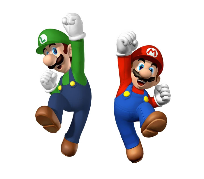 Mario and Luigi jumping and looking happy 