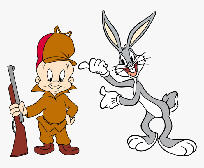 Elmer Fudd and Bugs Bunny next to each other