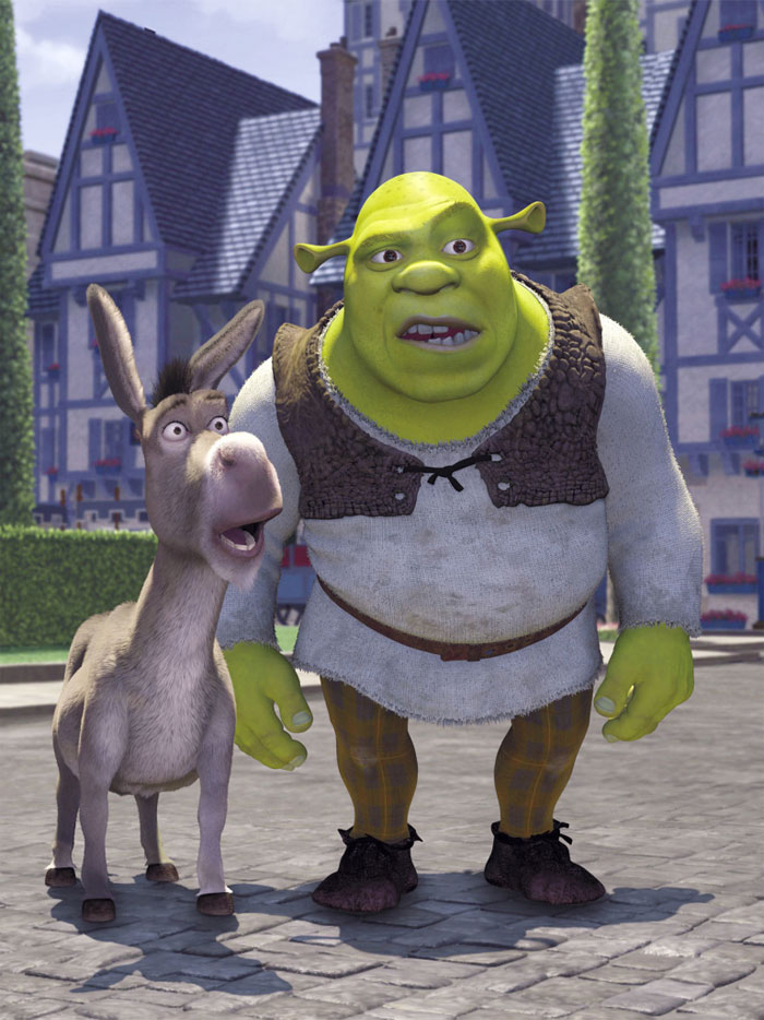 Shrek and Donkey standing next to each other looking surprised and confused