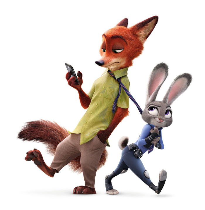 Judy Hopps pulling on the tie of Nick Wilde and smiles