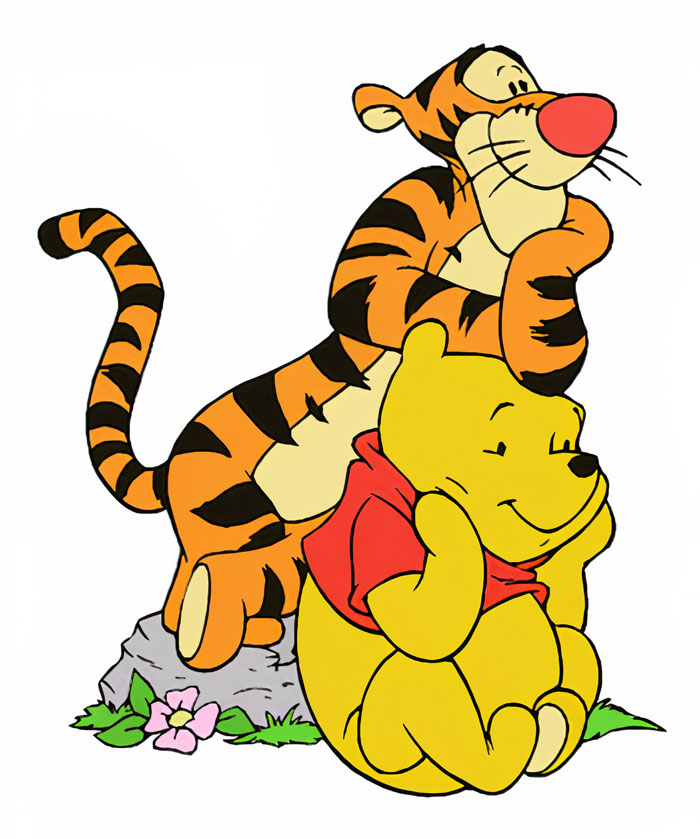 Tigger leaning on Winnie the Pooh, both look happy