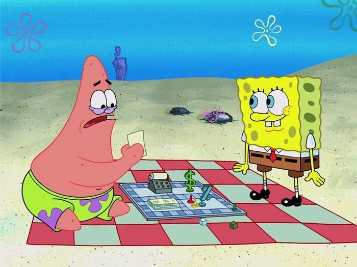 Spongebob and Patrick sitting on a blanket at the Bikini Bottom