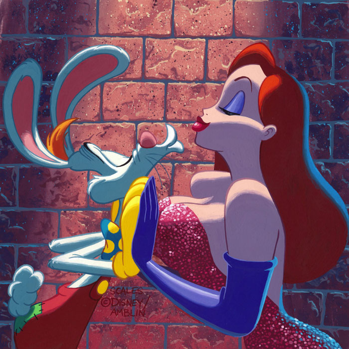 Roger and Jessica Rabbit trying to kiss