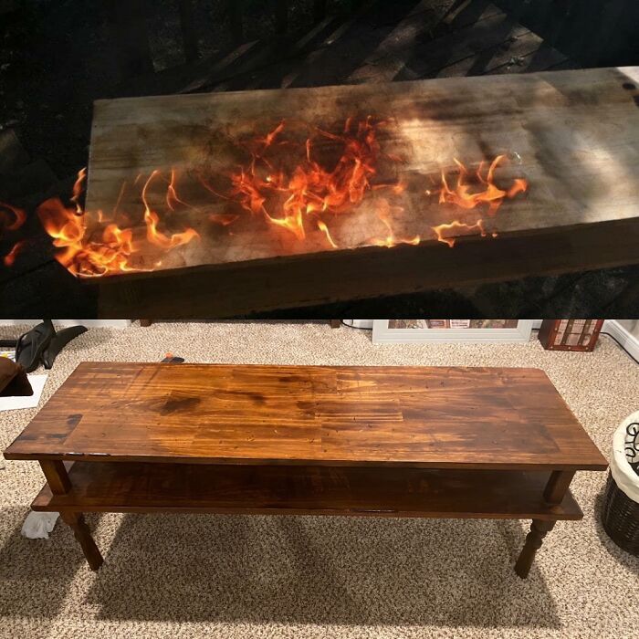 Built A Table, Wanted It To Look Weathered So I Lit It On Fire. Now It’s In My Living Room