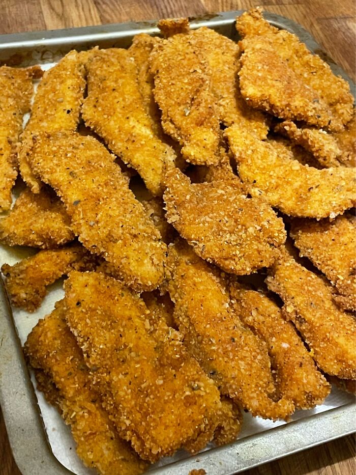 Dinner Yesterday: Garlic, Paprika And Sage Chicken Fingers With Panko And Cornflake Crumbs.