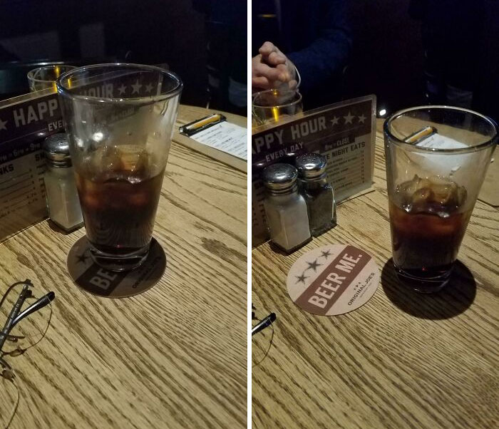 The Shadow On My Brother's Glass Lines Up Perfectly With The Coaster