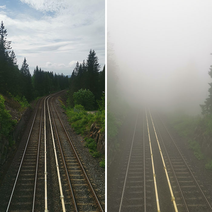 The Subway Tracks At My Workplace On A Foggy Day Versus A Clear Day In Oslo, Norway