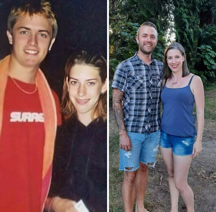 20 Years Ago Today, My Wife And I Met In A Waterslide Line. Here's Us The Night We Met And Us Now