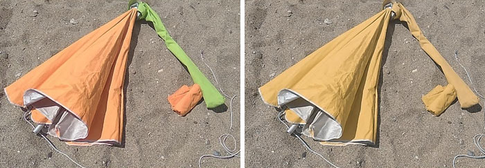 A Colorblind Friend Annoyingly Put The Orange Umbrella Inside The Green Cover. I've Used An App To Simulate His Vision. Left Is Normal, Right - Colorblind