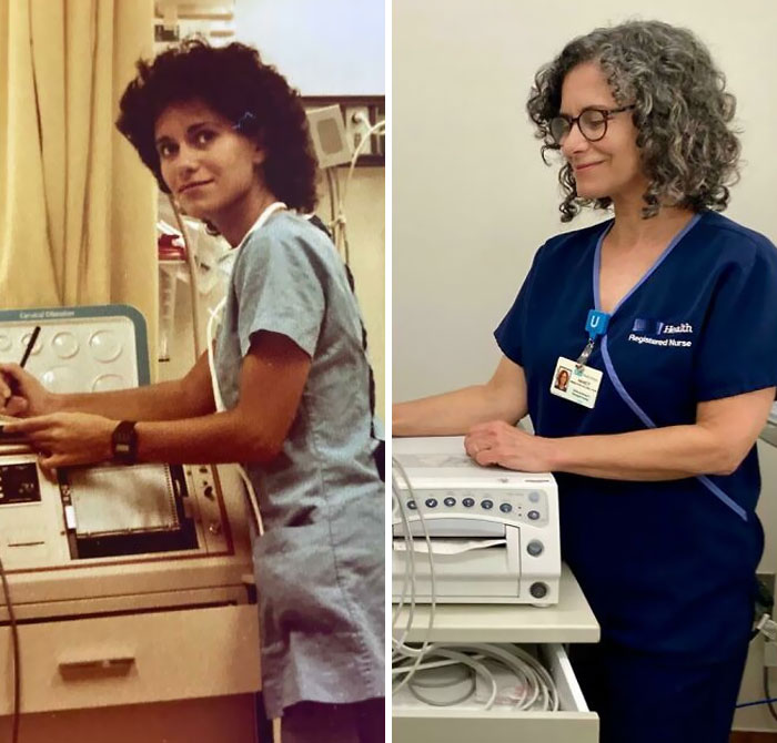 Acabo de jubilarme después de 42 años como enfermera obstétrica, en el mismo hospital. Aquí estoy al principio (1979) y al final de mi carrera