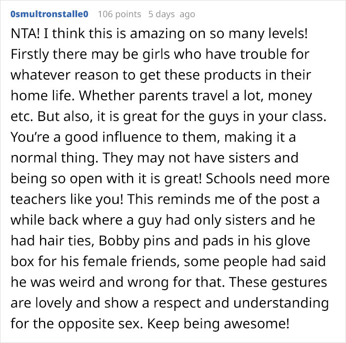 Female Colleague Calls Out This Male Teacher For Keeping A Basket Full Of Tampons And Pads For His Students