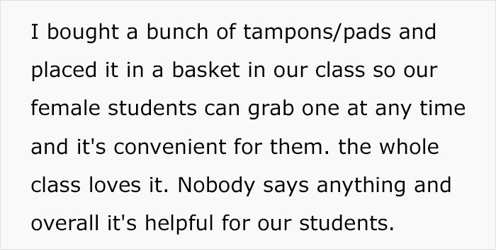 Female Colleague Calls Out This Male Teacher For Keeping A Basket Full Of Tampons And Pads For His Students