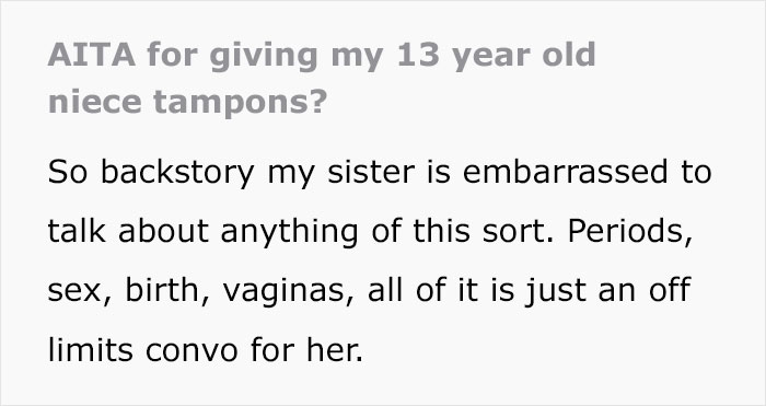 Mom Feels It's 'Inappropriate And Embarrassing' To Talk About Periods To Her Daughter, Asks Her Sister, Gets Livid When She Introduces Tampons To Her Mom Feels It's 'Inappropriate And Embarrassing' To Talk About Periods To Her Daughter, Asks Her Sister, Gets Livid When She Introduces Tampons To Her