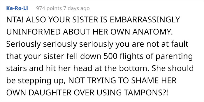Mom Feels It's 'Inappropriate And Embarrassing' To Talk About Periods To Her Daughter, Asks Her Sister, Gets Livid When She Introduces Tampons To Her Mom Feels It's 'Inappropriate And Embarrassing' To Talk About Periods To Her Daughter, Asks Her Sister, Gets Livid When She Introduces Tampons To Her