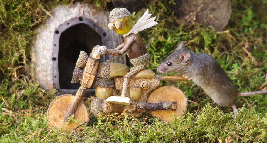One Of The Mice Giving Mr. Acorn A Push Start On His Motorcycle