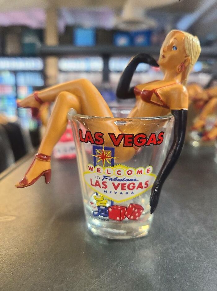 This Shot Cup In A Vegas Gift Shop With This Non Removable Lady Sitting On I